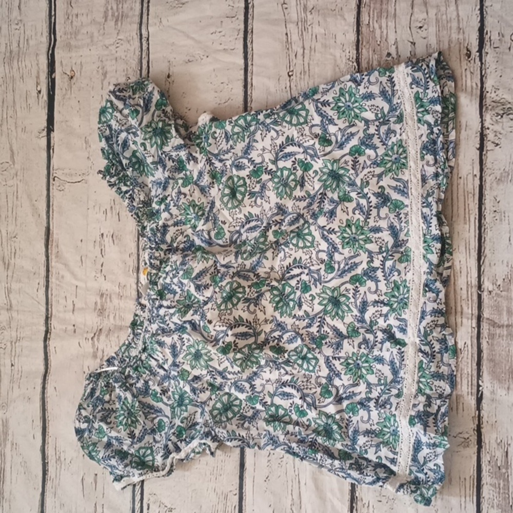 C&C California Blue White Green Floral Print Cotton Short Sleeve Peasant Top S
